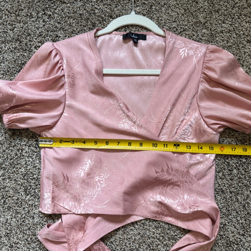 Lulus Pink Floral Satin Wrap Blouse - Picture 9 of 13